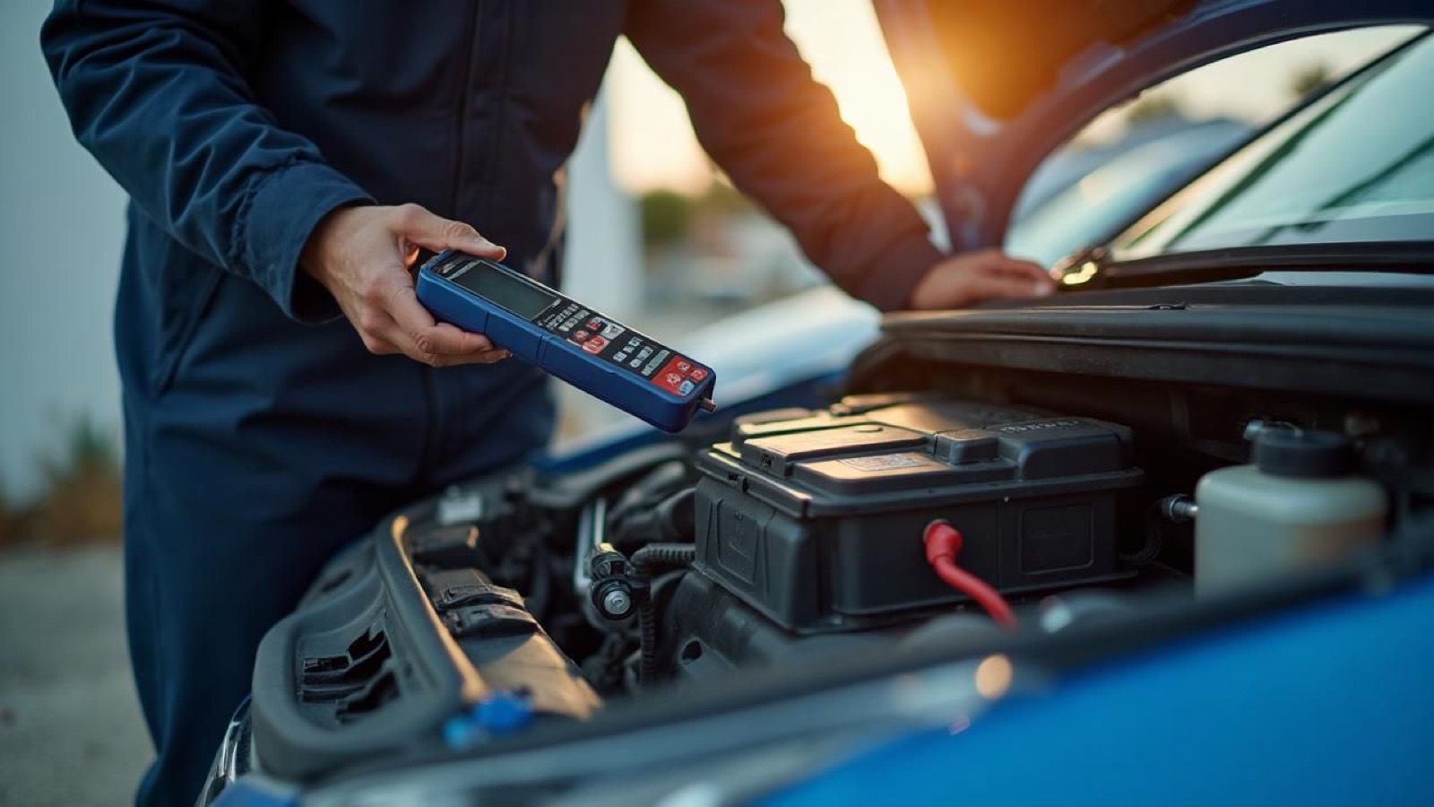 Monteur test de auto-accu en het startsysteem met diagnoseapparatuur