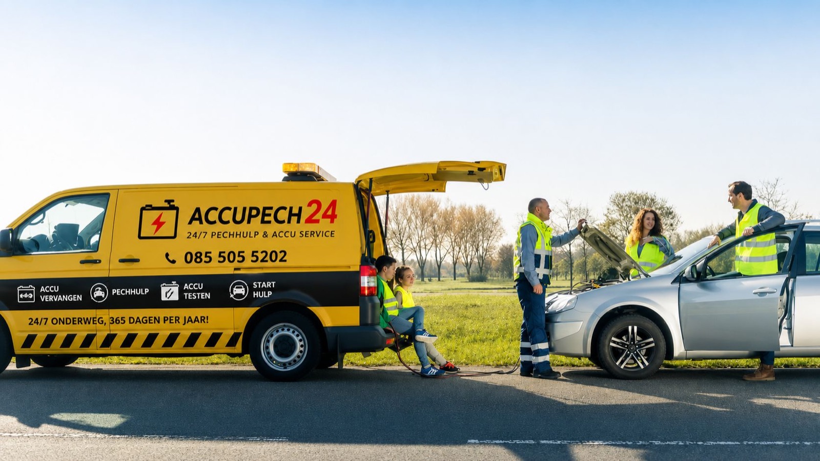 Accupech24 servicebus met monteurs die starthulp en accupechhulp verlenen bij een auto langs de weg